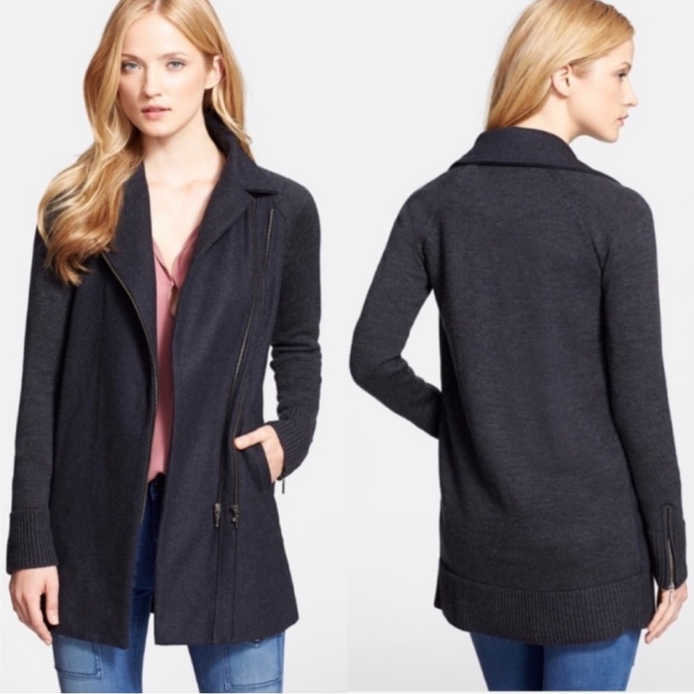 Joie Ermie charcoal grey cocoon long biker moto pea coat wool zip - XS